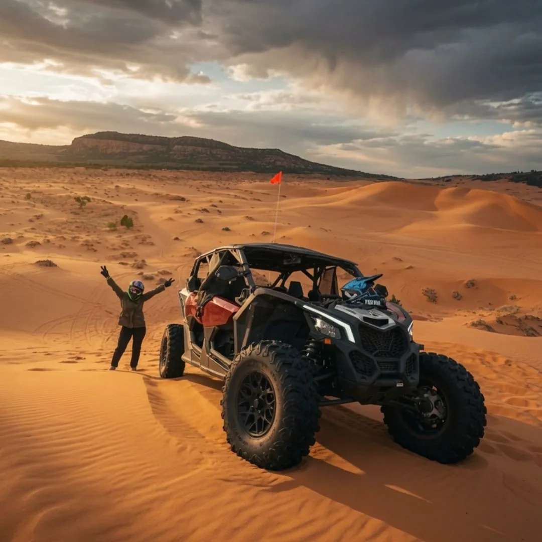 Rider celebrating beside a red Can-Am Maverick in Southern Utah
